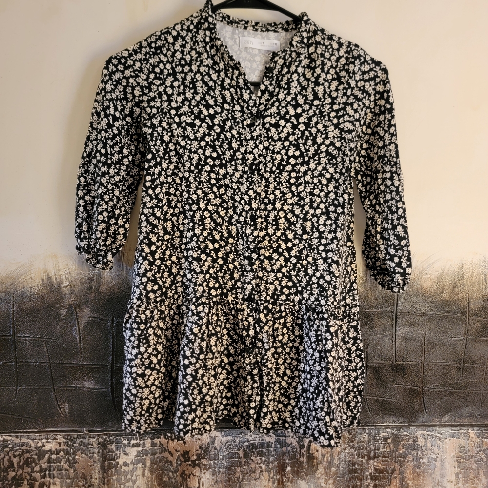 Zara Black & White Floral Casual Kids Dress
